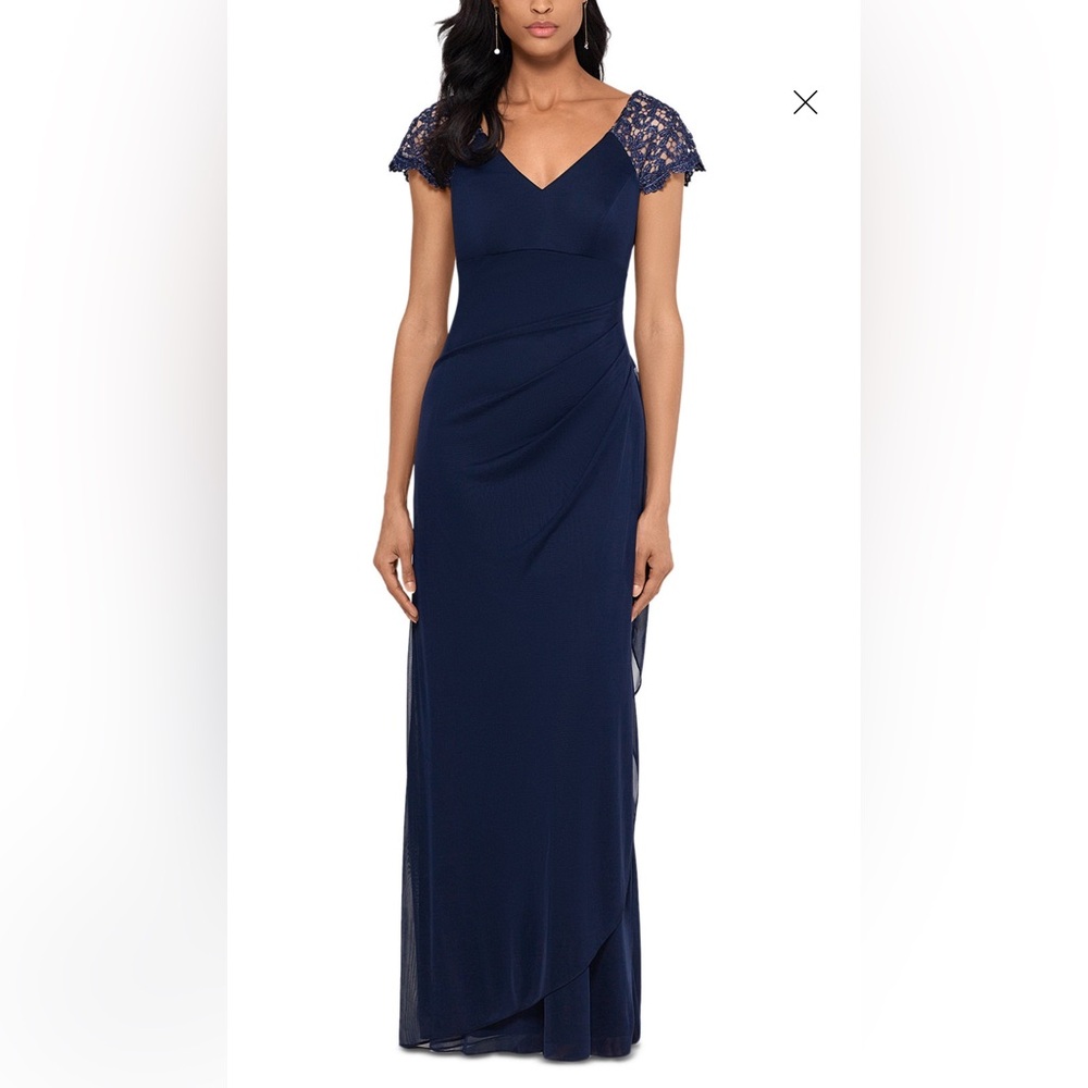 NWT Xscape Navy Blue Lace Sleeve/V-Neck Chiffon Gown. Size 10